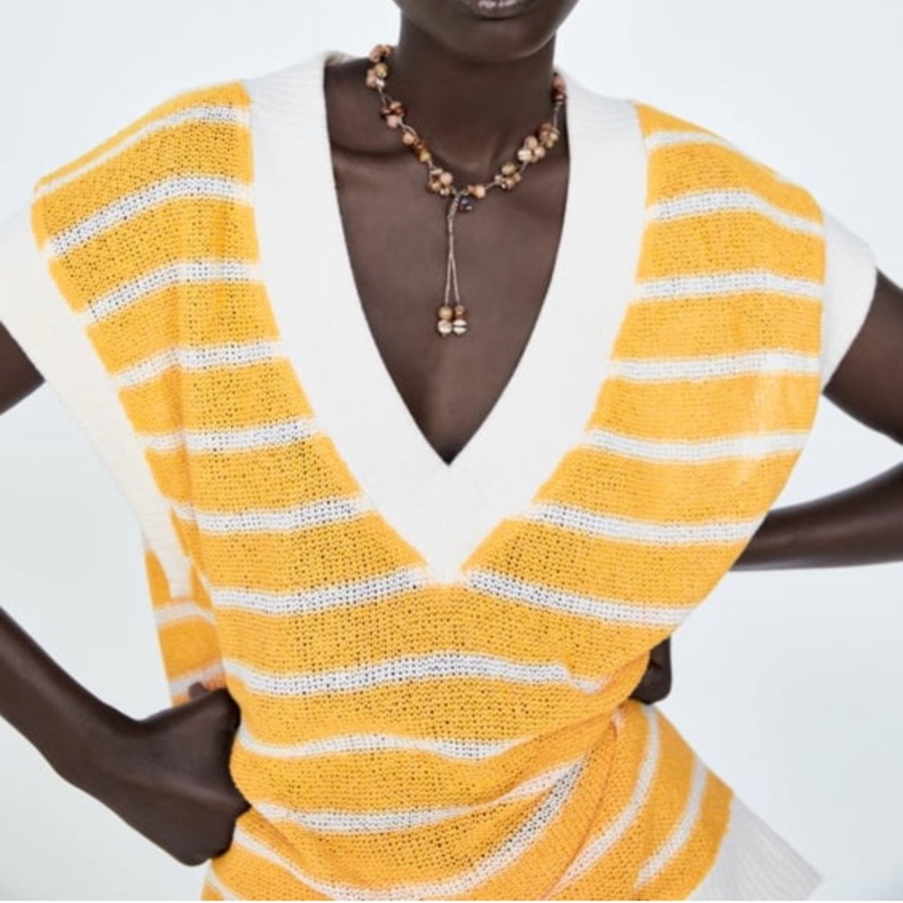 ☀️ ZARA BOHO YELLOW WHITE STRIPE VNECK SHEER LOOSE FIT TOP!